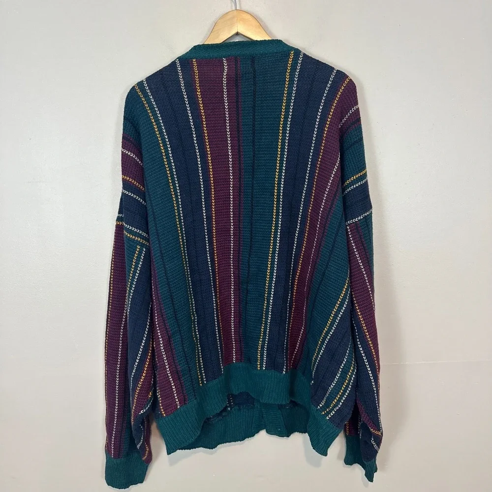 Vintage Boston Traders Blue Grandpa Cardigan Sweater L Striped Tight Knit Men 4X